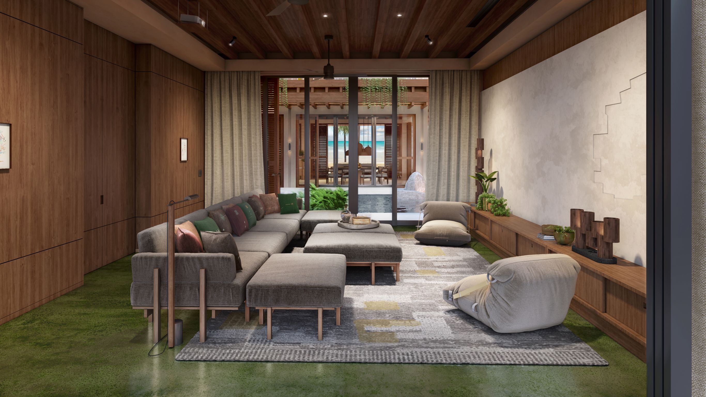 Beachfront Villa_Rendering_Media Room with grey sofa and chairs